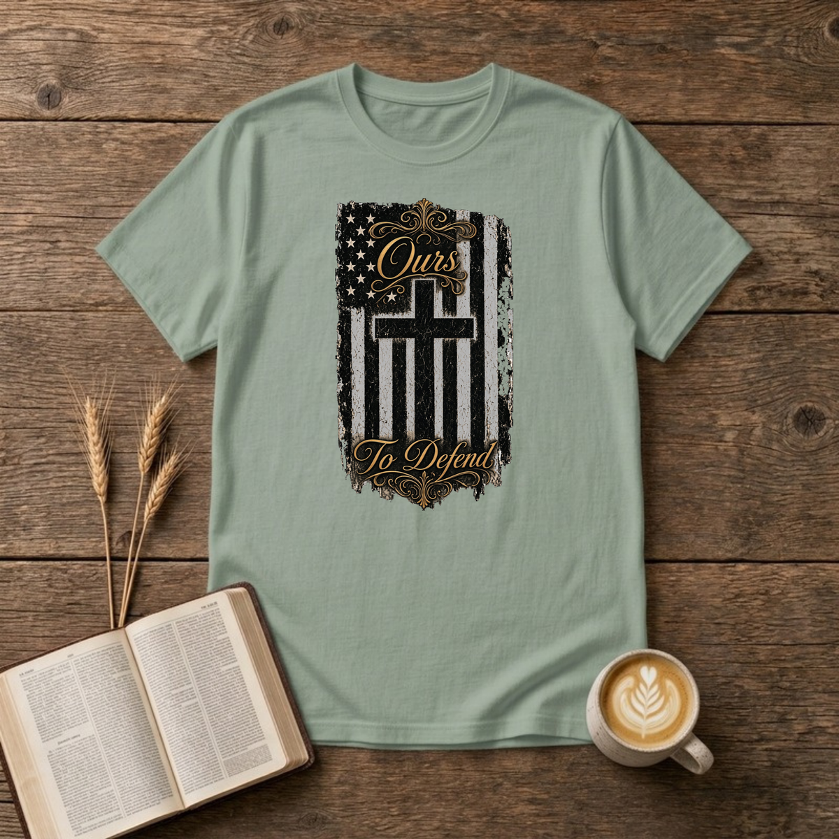 Ours To Defend Distressed Black and White American Flag Cross T-Shirt, Sage, Lantrum