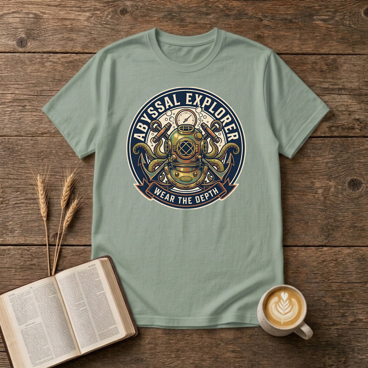 Vintage diving helmet badge with pressure gauge, octopus tentacles and Wear the Depth on a Sage unisex T-Shirt
