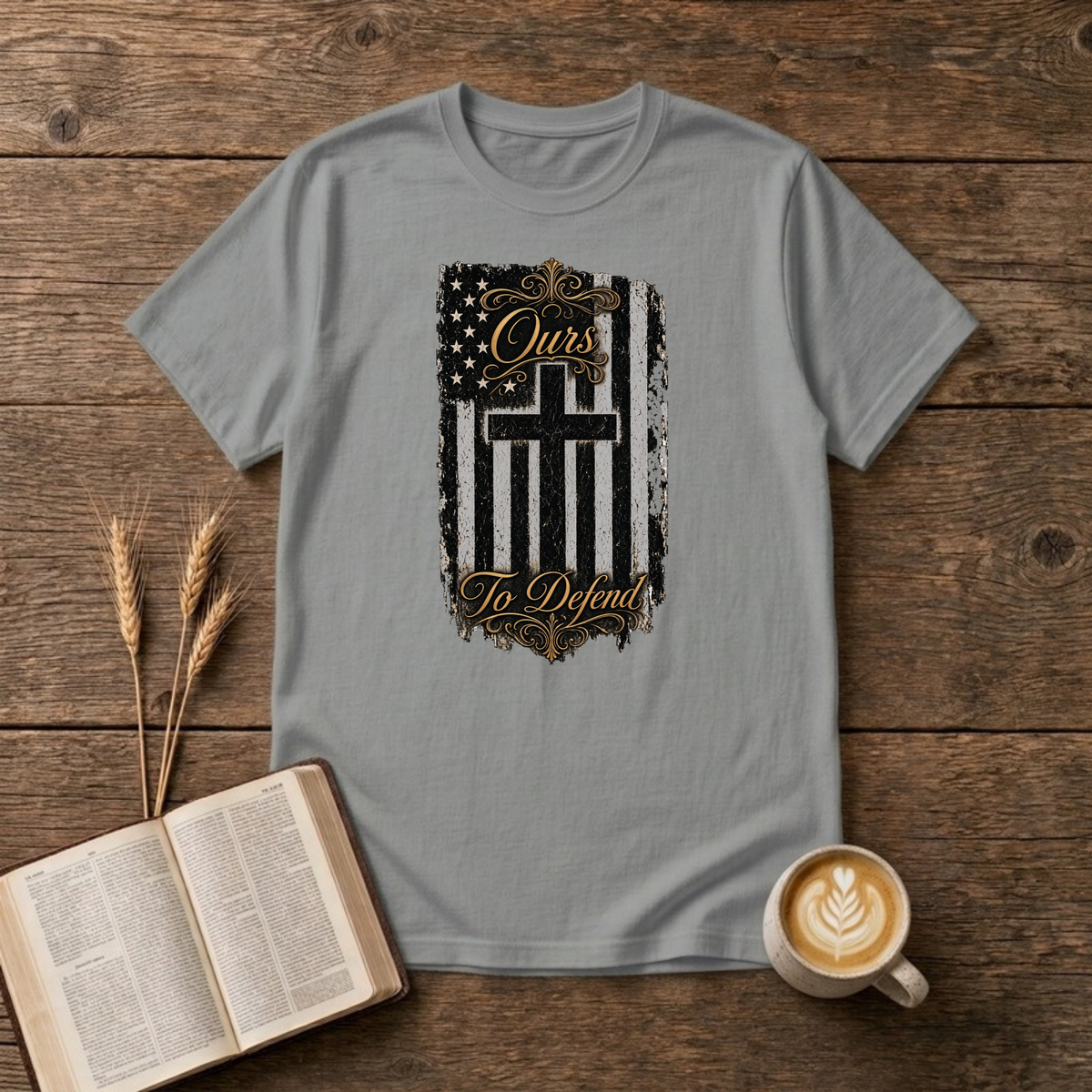 Ours To Defend Distressed Black and White American Flag Cross T-Shirt, Sport Grey, Lantrum