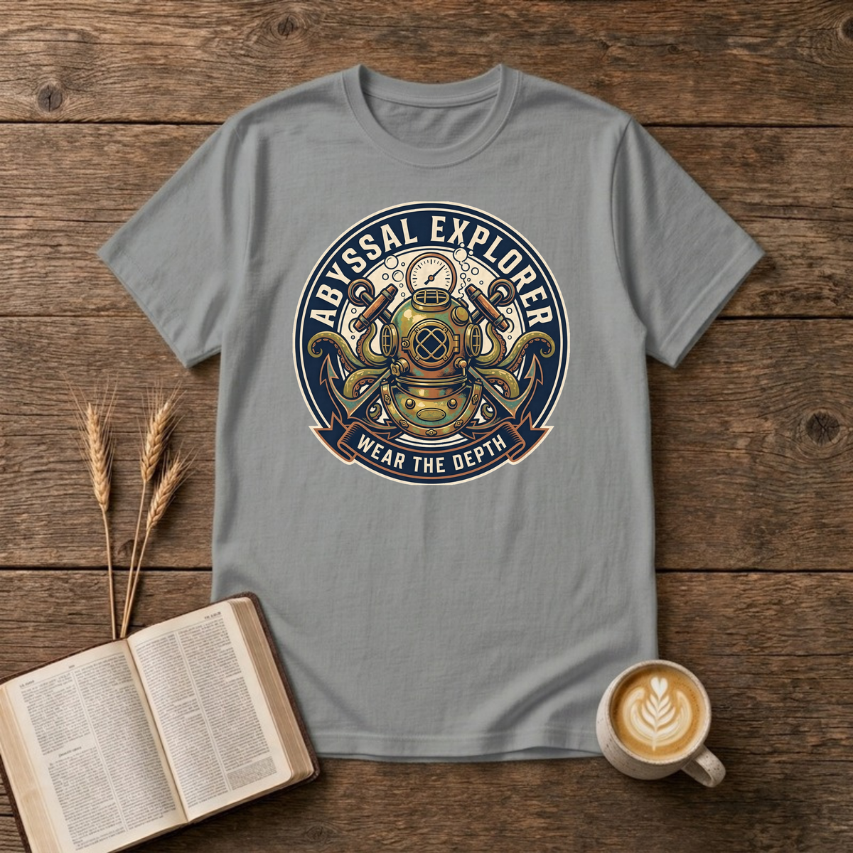 Vintage diving helmet badge with pressure gauge, octopus tentacles and Wear the Depth on a Sport Grey unisex T-Shirt