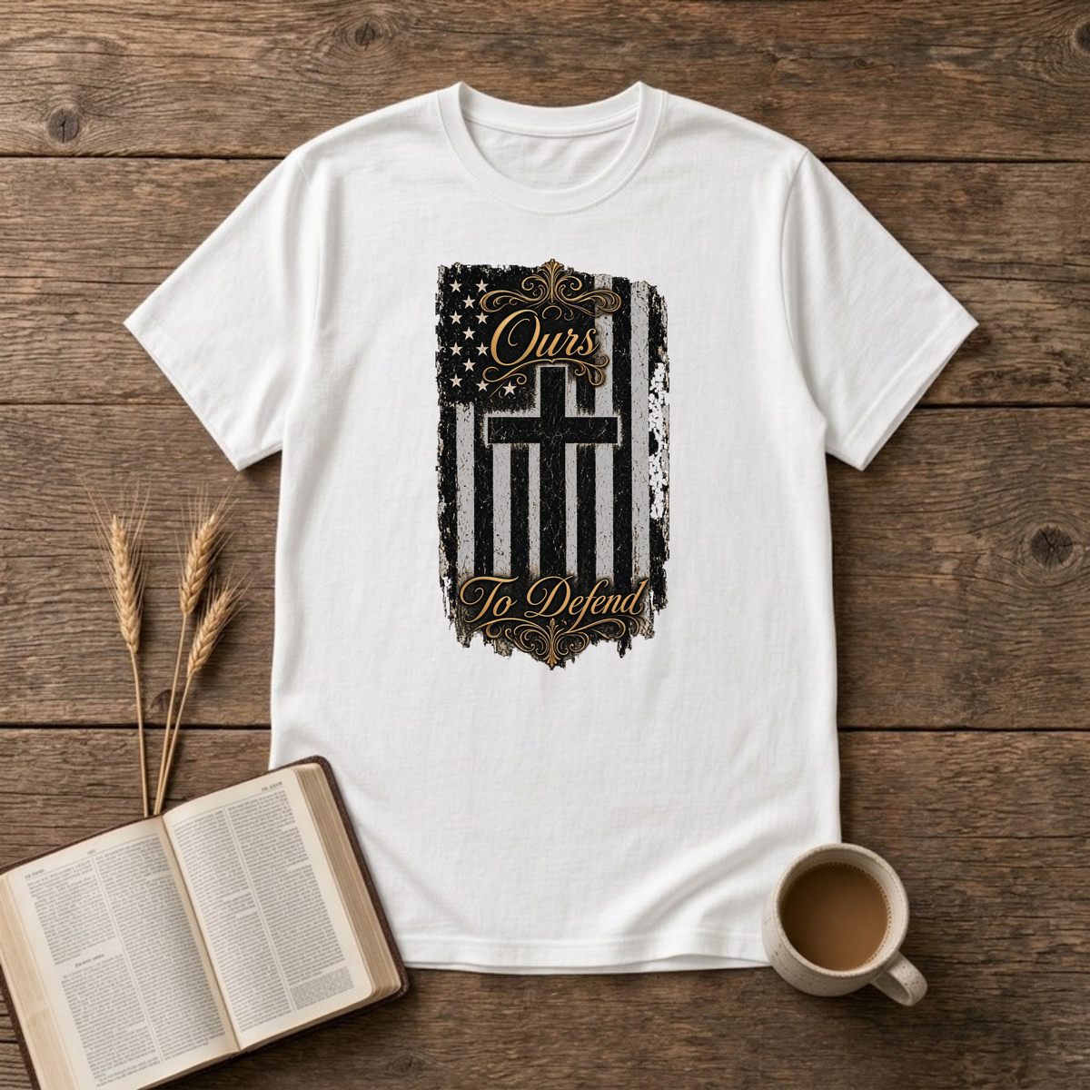 Ours To Defend Distressed Black and White American Flag Cross T-Shirt, White, Lantrum