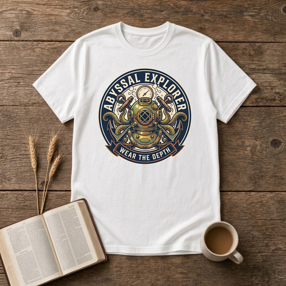 Vintage diving helmet badge with pressure gauge, octopus tentacles and Wear the Depth on a White unisex T-Shirt
