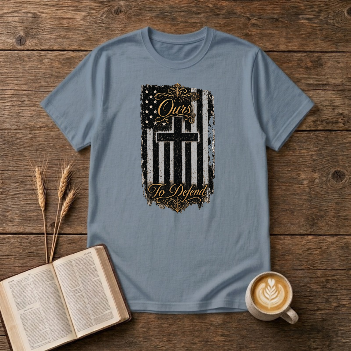 Ours To Defend Distressed Black and White American Flag Cross T-Shirt, Stone Blue, Lantrum