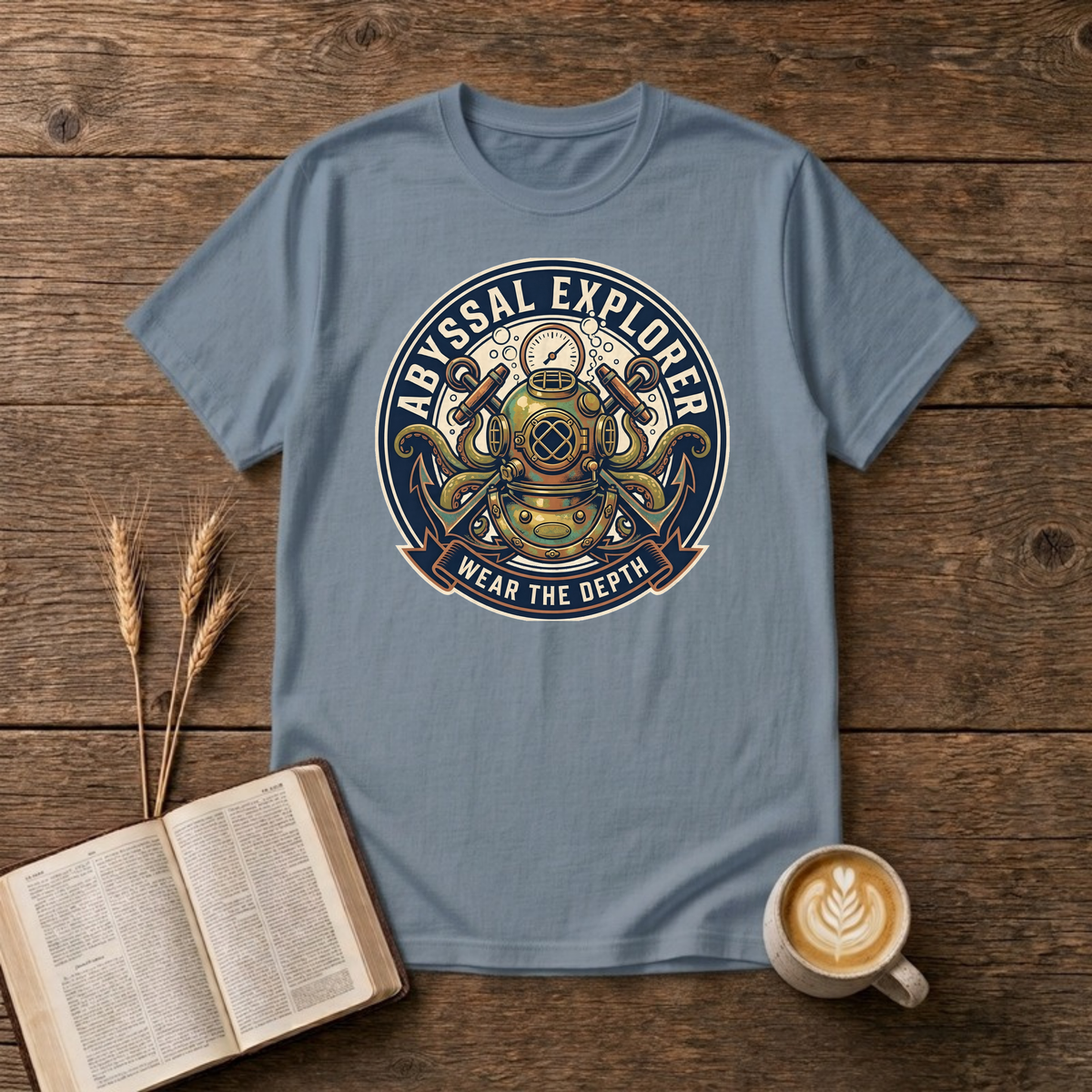 Vintage diving helmet badge with pressure gauge, octopus tentacles and Wear the Depth on a Stone Blue unisex T-Shirt