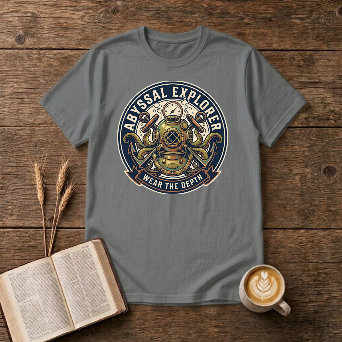 Vintage diving helmet badge with pressure gauge, octopus tentacles and Wear the Depth on a Graphite Heather unisex T-Shirt