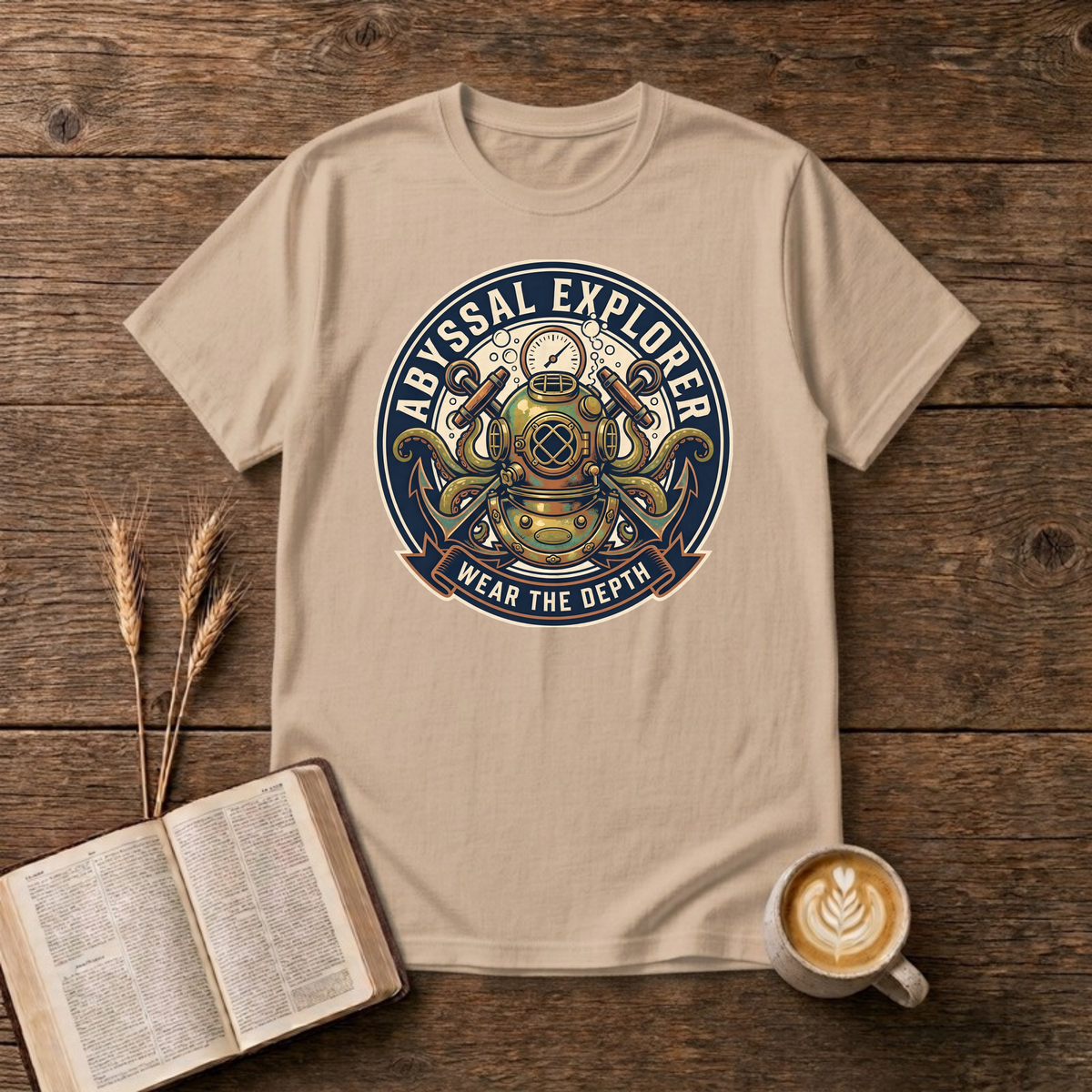 Vintage diving helmet badge with pressure gauge, octopus tentacles and Wear the Depth on a Natural unisex T-Shirt