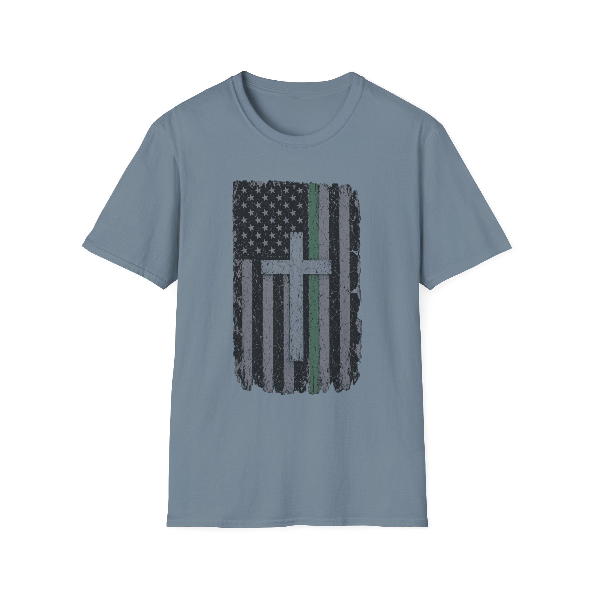 Christian Flag American Green Line Flag T-Shirt — Distressed Cross Patriotic Tee