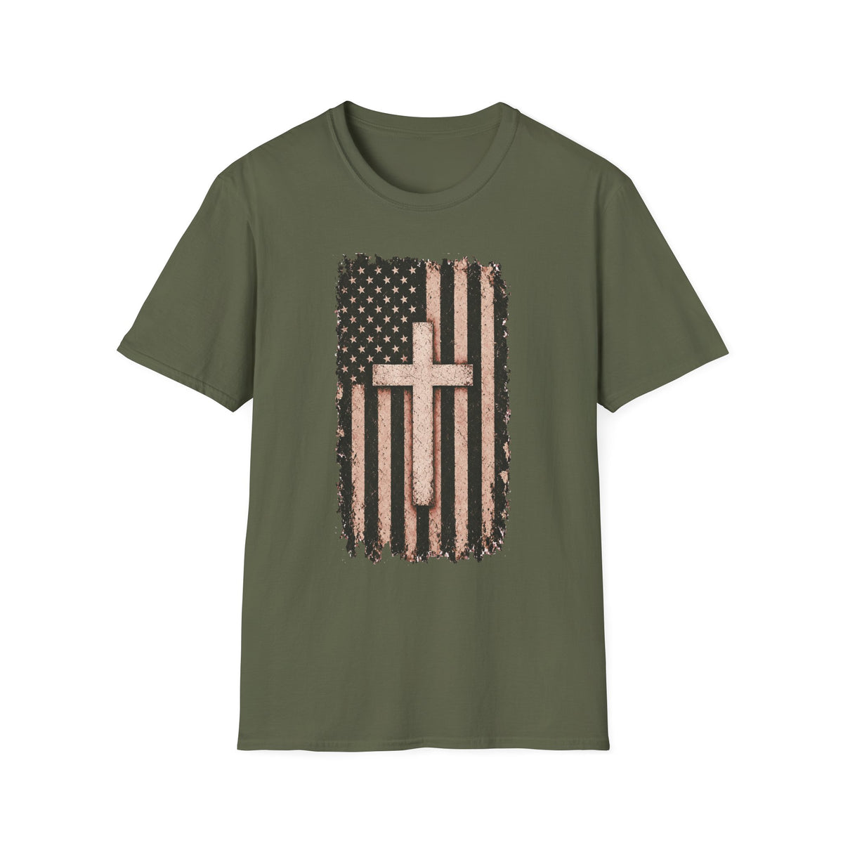 Faith & Freedom T-Shirt — Distressed American Flag with Cross Graphic