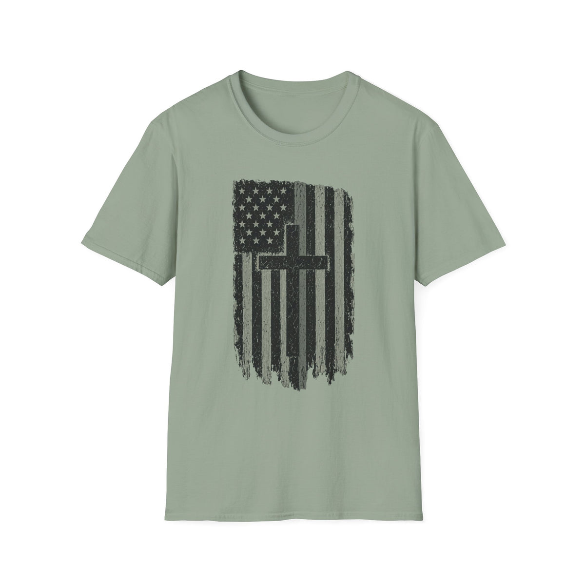 American Flag Cross Gray Line T-Shirt — Distressed Christian Patriotic Tee