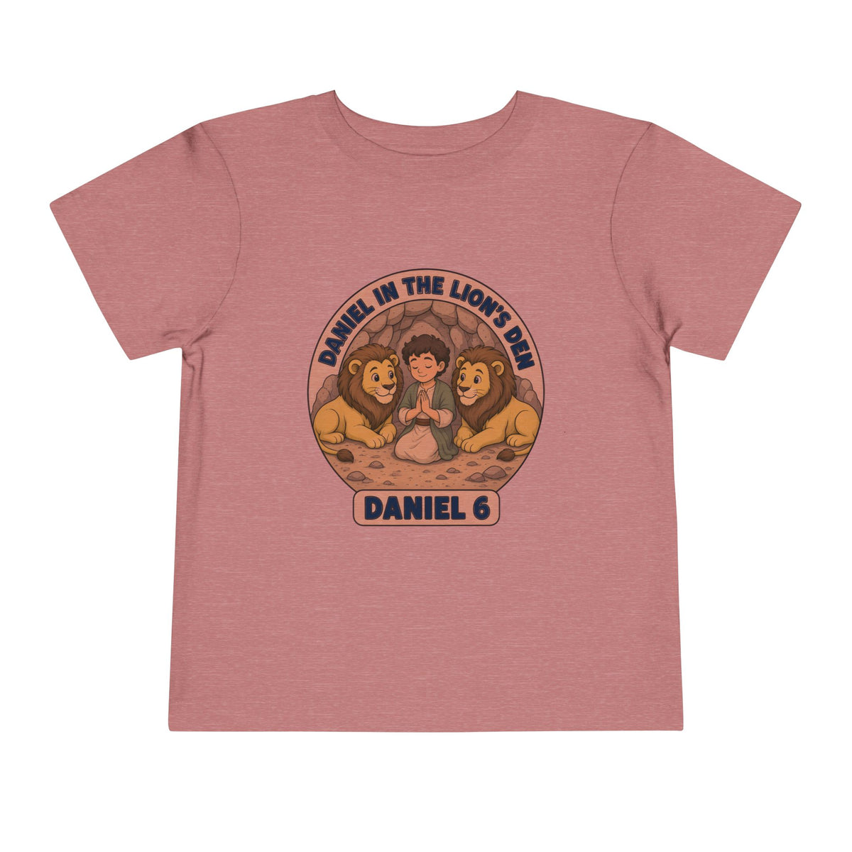 Circular badge of Daniel praying between two lions, Daniel in the Lion's Den Daniel 6 design on a Heather Mauve toddler T-Shirt