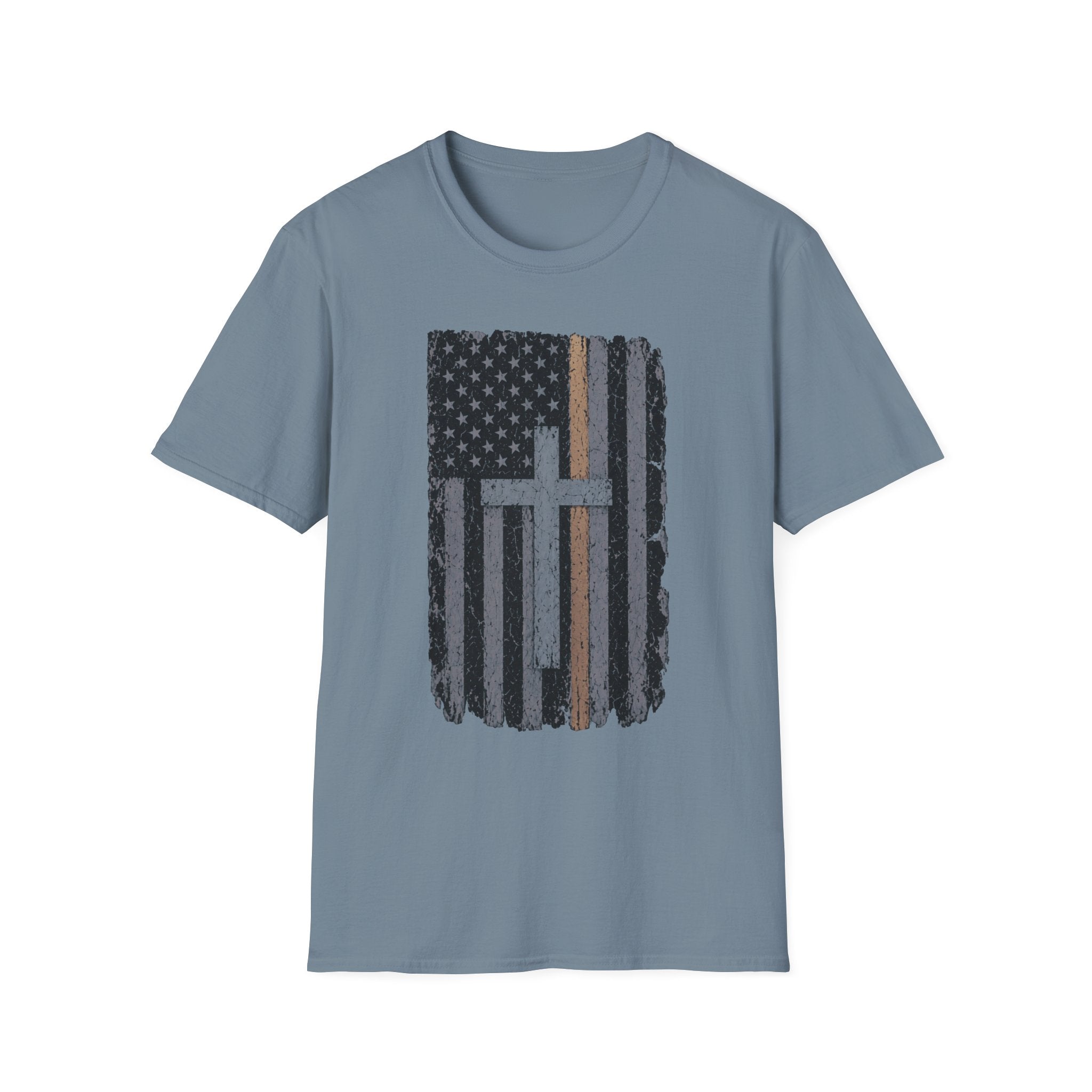 Christian American Yellow Line Flag T-Shirt — Distressed Cross USA Tee