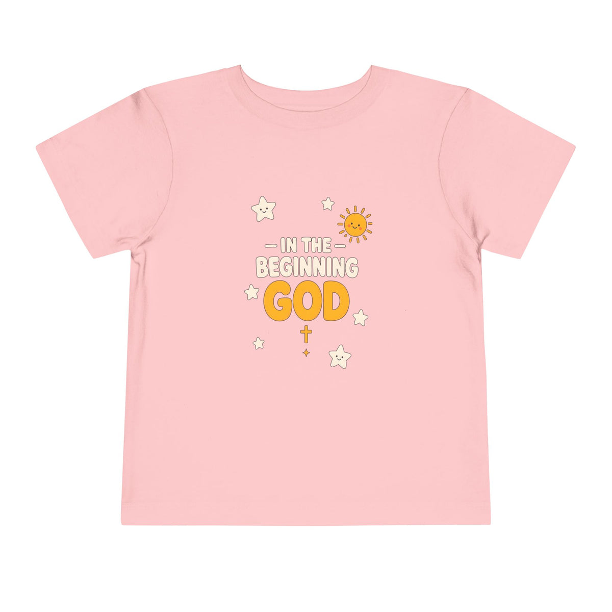 In the Beginning God lettering with smiling stars, a sun and a small gold cross on a Pink toddler T-Shirt