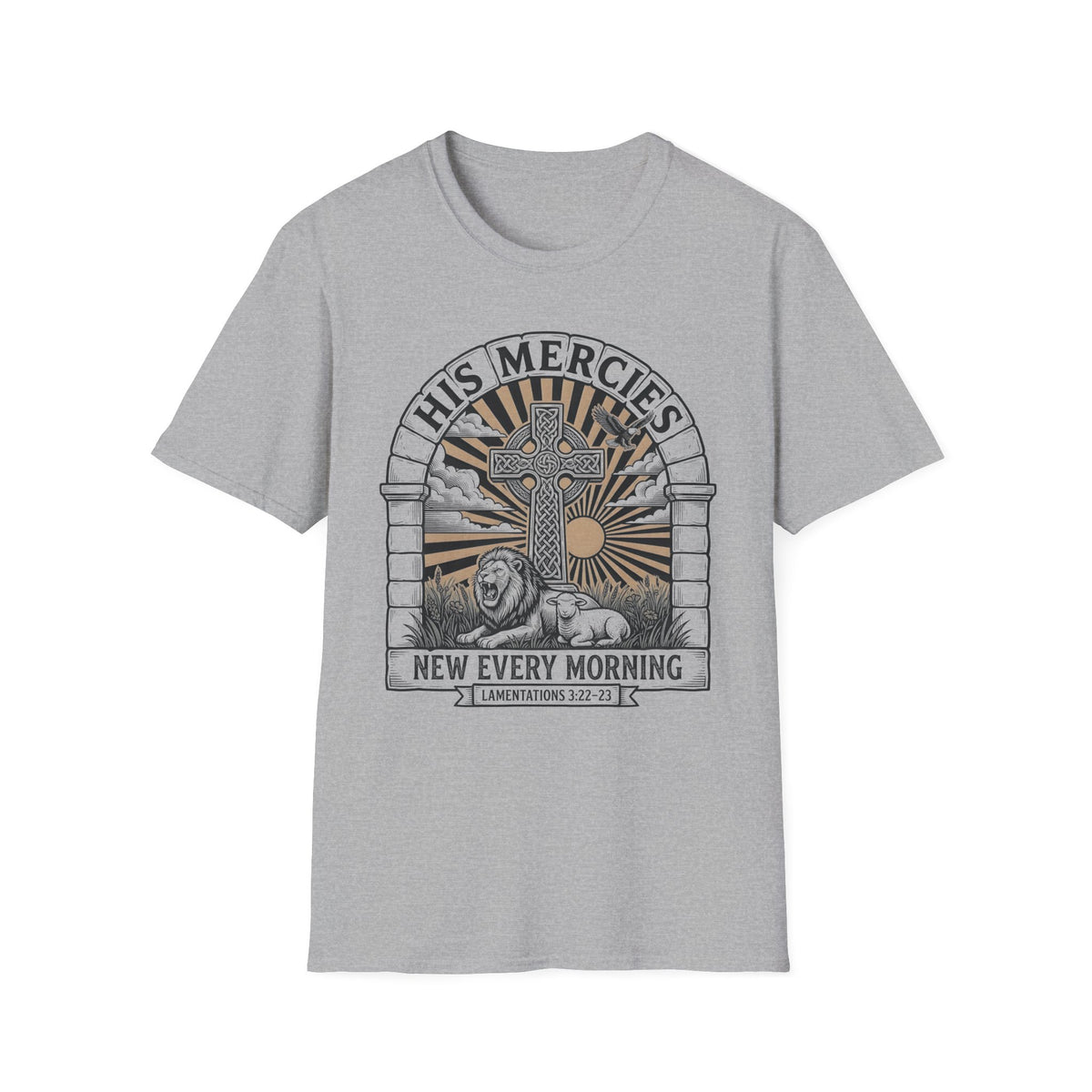 Christian T-Shirt — "His Mercies New Every Morning" Sunrise Cross Tee