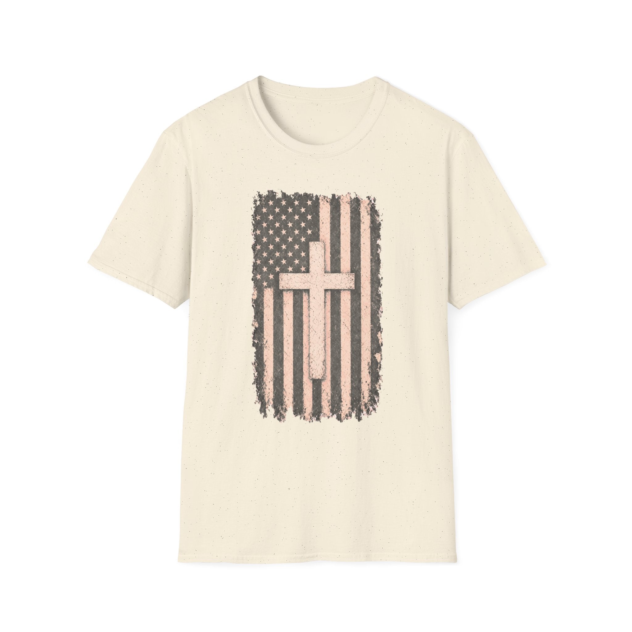 Faith & Freedom T-Shirt — Distressed American Flag with Cross Graphic