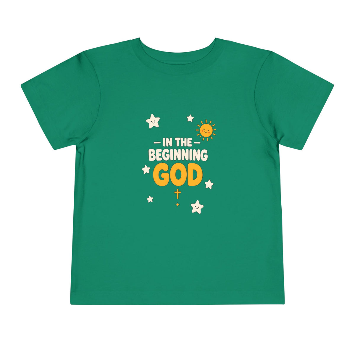 In the Beginning God lettering with smiling stars, a sun and a small gold cross on a Kelly toddler T-Shirt