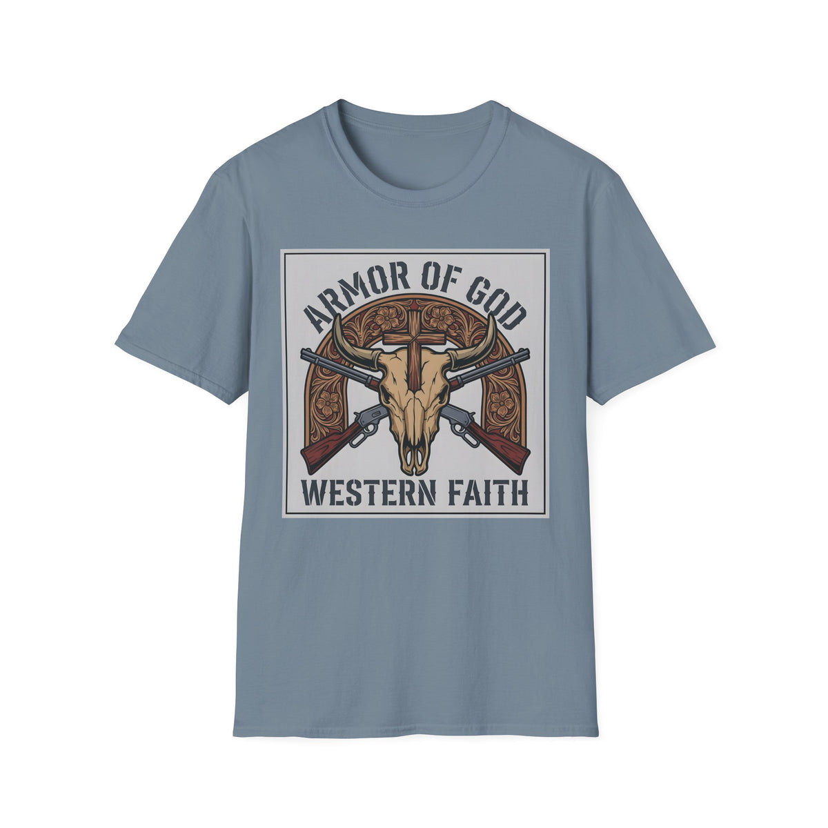 Armor of God western design of a longhorn skull, wooden cross and crossed rifles on a Stone Blue unisex T-Shirt