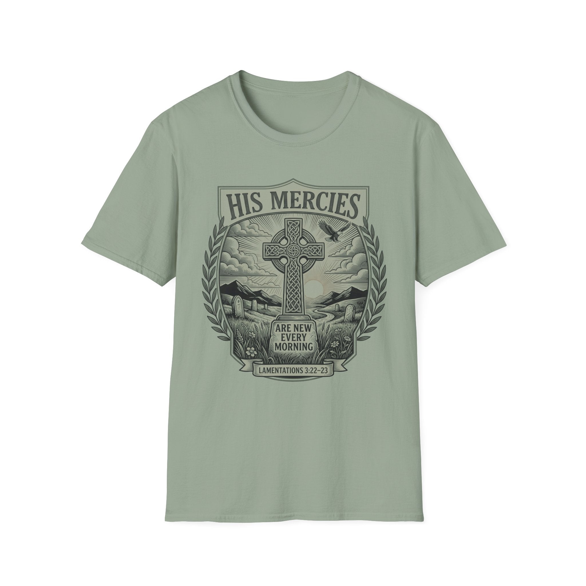 His Mercies T-Shirt — Christian Faith Cross Scripture Tee (Lamentations 3:22-23)