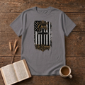 Ours To Defend Distressed Black and White American Flag Cross T-Shirt, Charcoal, Lantrum