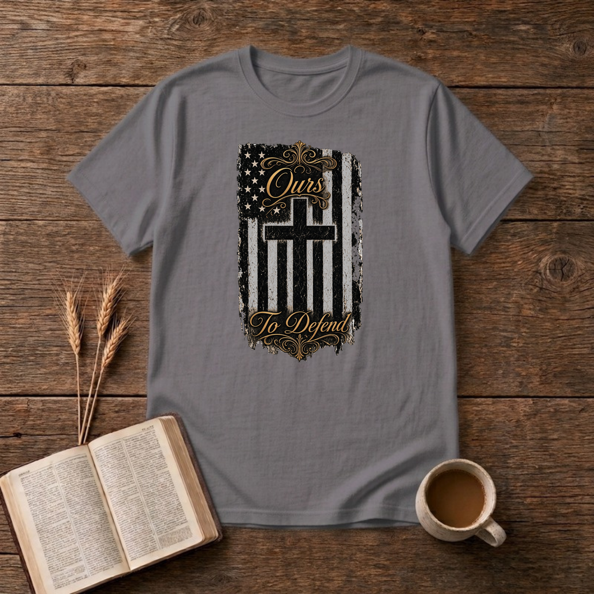 Ours To Defend Distressed Black and White American Flag Cross T-Shirt, Charcoal, Lantrum