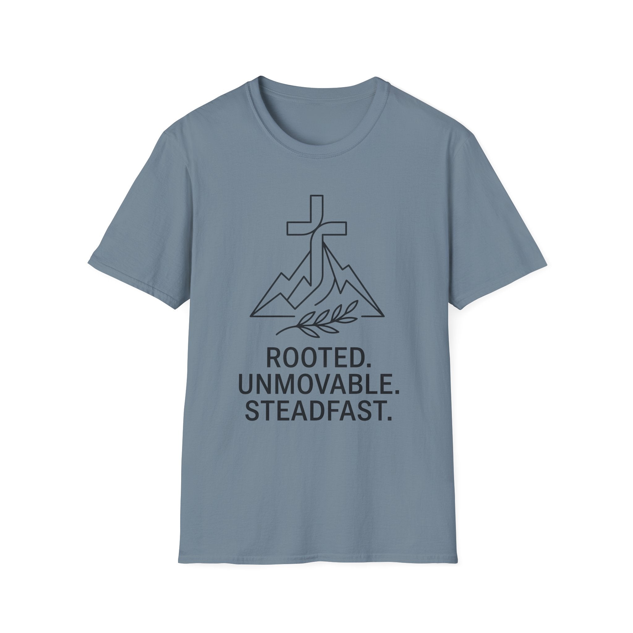 Rooted Faith T‑Shirt — "Rooted. Unmovable. Steadfast." Christian Mountain Cross Tee