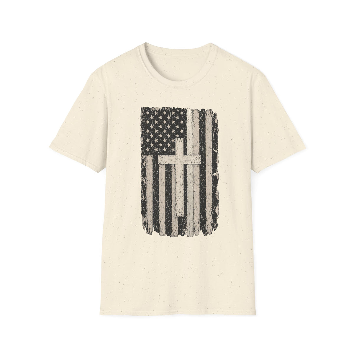 American Flag Cross Silver Line T-Shirt — Distressed Patriotic Christian Tee