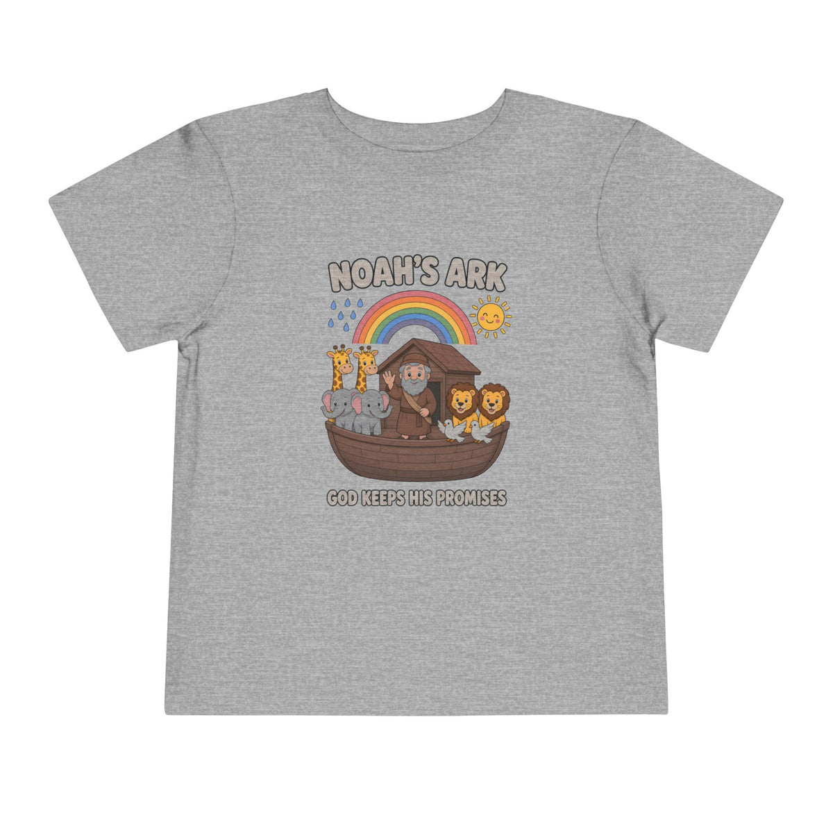 Noah waving from the ark with giraffes, elephants, lions and doves under a rainbow, Noah's Ark God Keeps His Promises design on an Athletic Heather toddler T-Shirt
