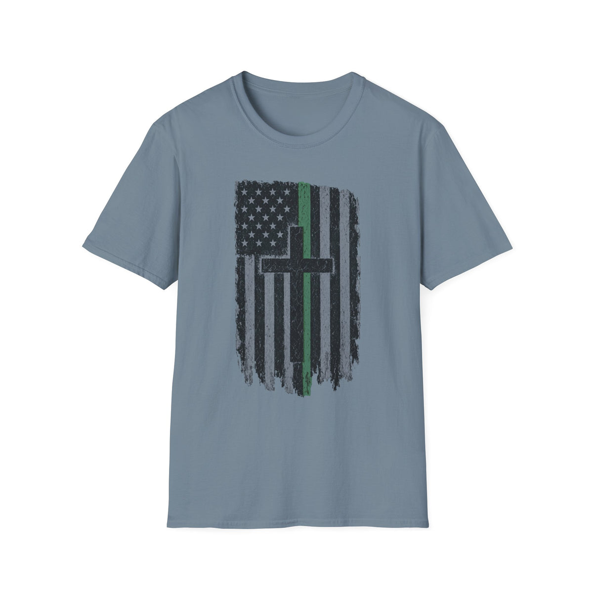 Distressed Green Line Flag Cross T-Shirt — Thin Green Line American Flag Christian Tee