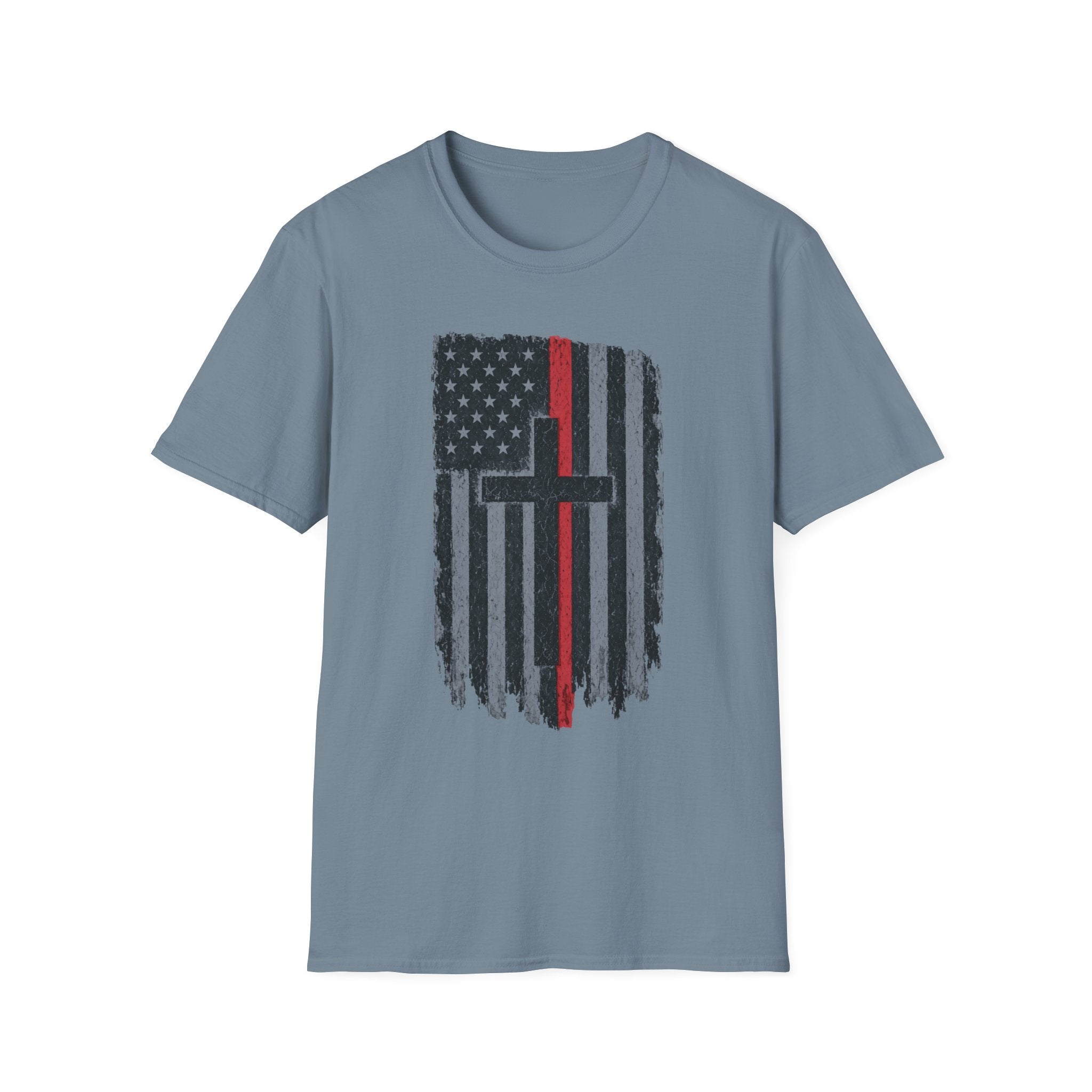 Distressed Thin Red Line American Flag Cross T‑Shirt — Firefighter Tribute Tee