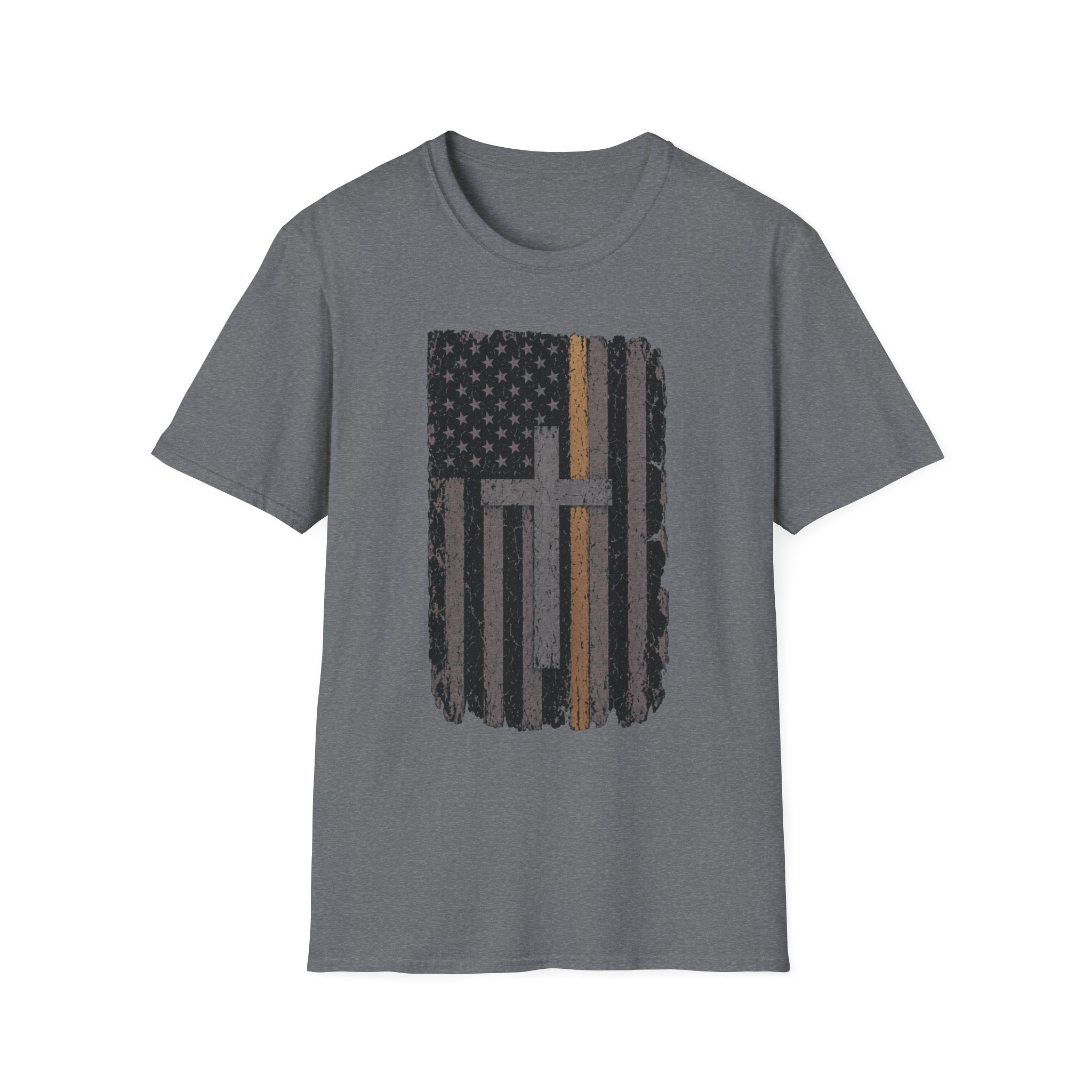 Christian American Yellow Line Flag T-Shirt — Distressed Cross USA Tee