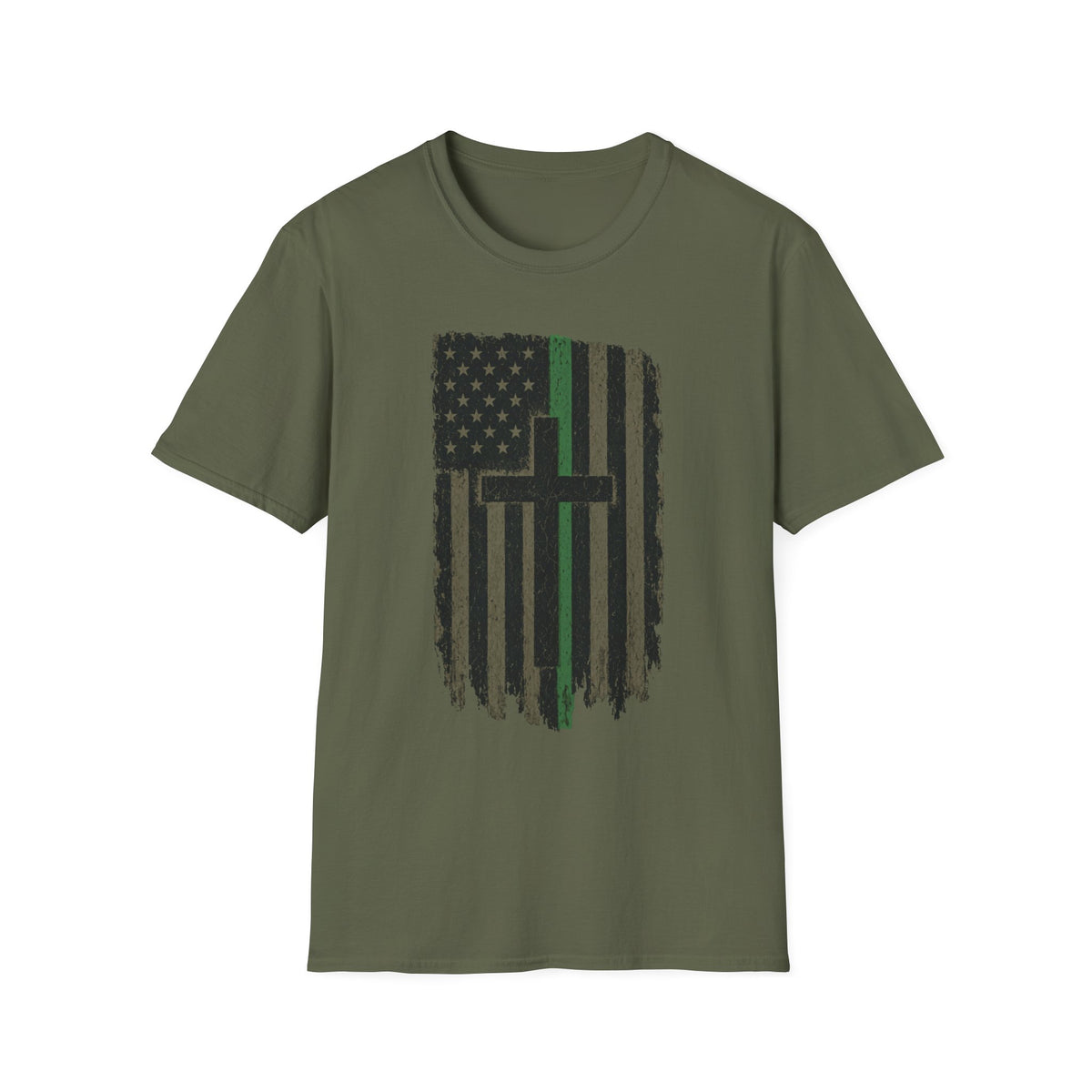Distressed Green Line Flag Cross T-Shirt — Thin Green Line American Flag Christian Tee
