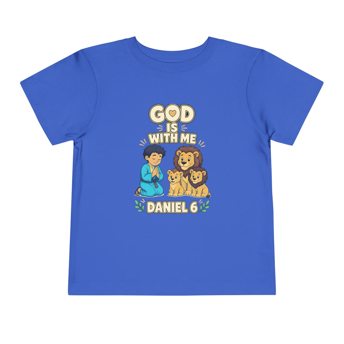 Daniel praying beside a lion and two cubs, God Is With Me Daniel 6 design on a True Royal toddler T-Shirt