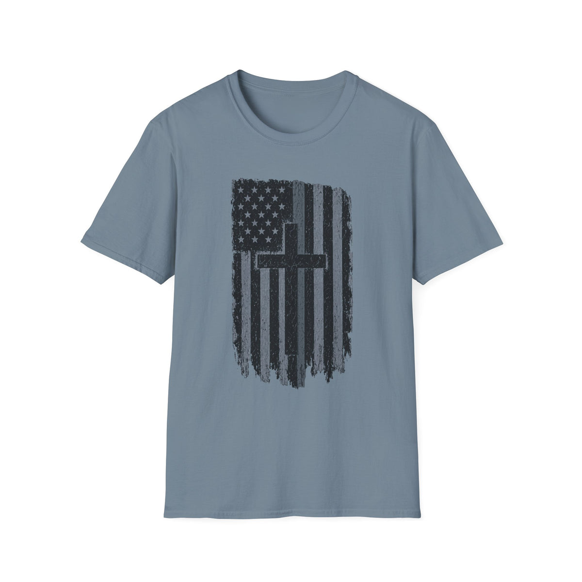 American Flag Cross Gray Line T-Shirt — Distressed Christian Patriotic Tee