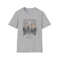 Christian T-Shirt — "Not By My Strength" Faith Tee with Cross and Prayer Scene