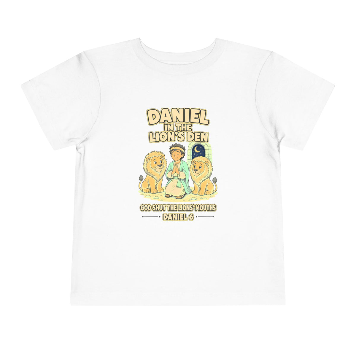 Daniel praying between two gentle lions under a crescent moon, God Shut the Lions' Mouths Daniel 6 design on a White toddler T-Shirt