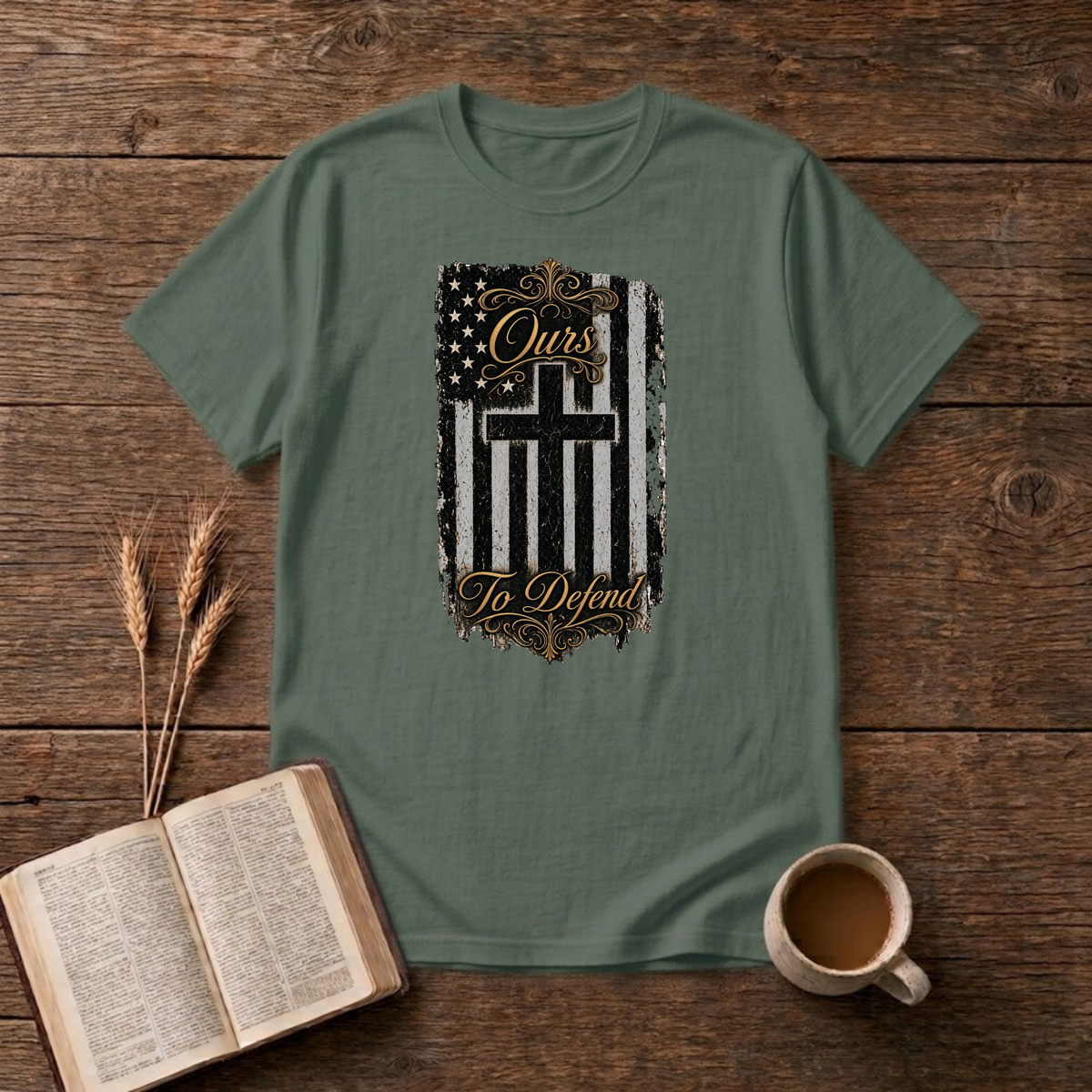 Ours To Defend Distressed Black and White American Flag Cross T-Shirt, Military Green, Lantrum