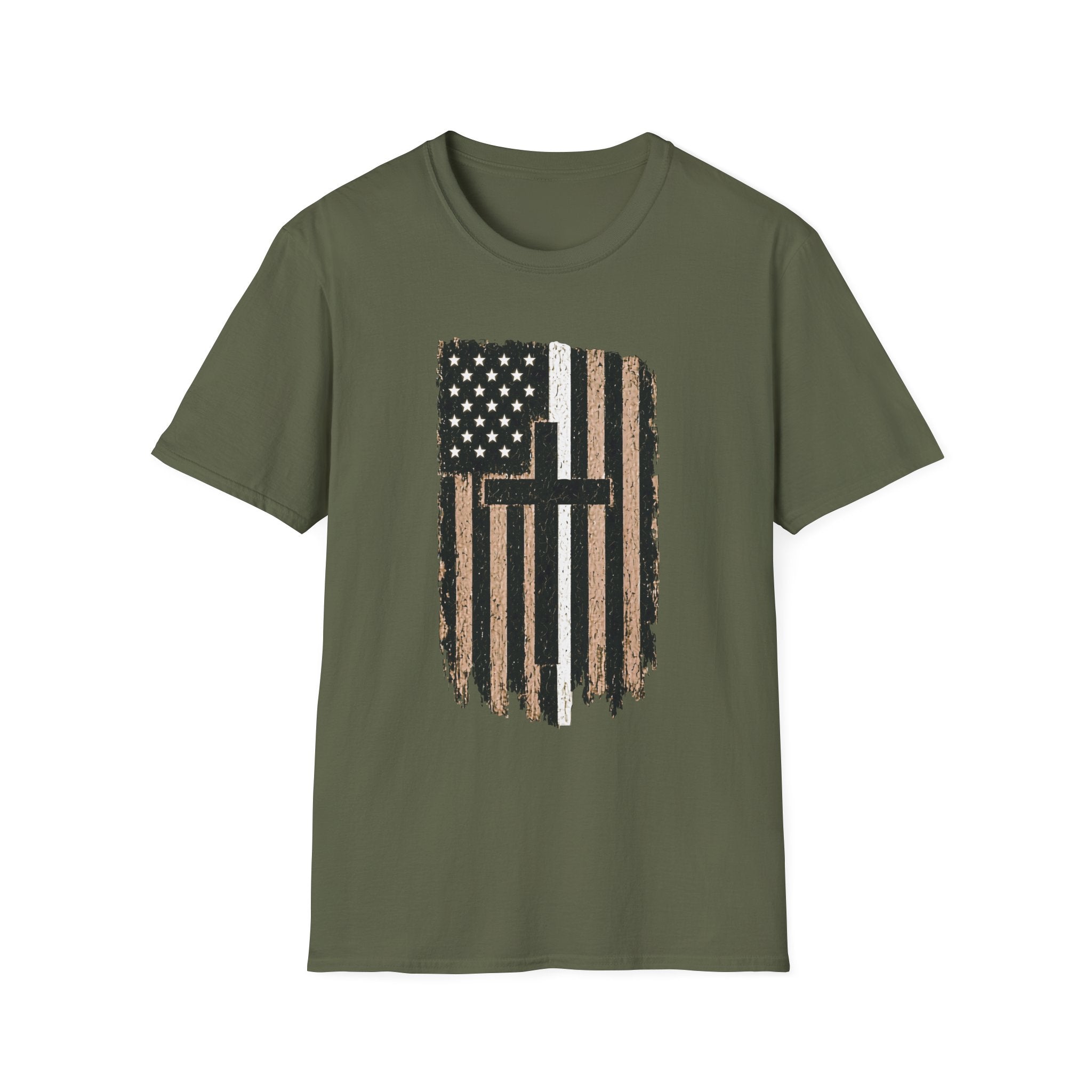 Christian Flag T-Shirt — Distressed American White Line Flag with Cross Graphic