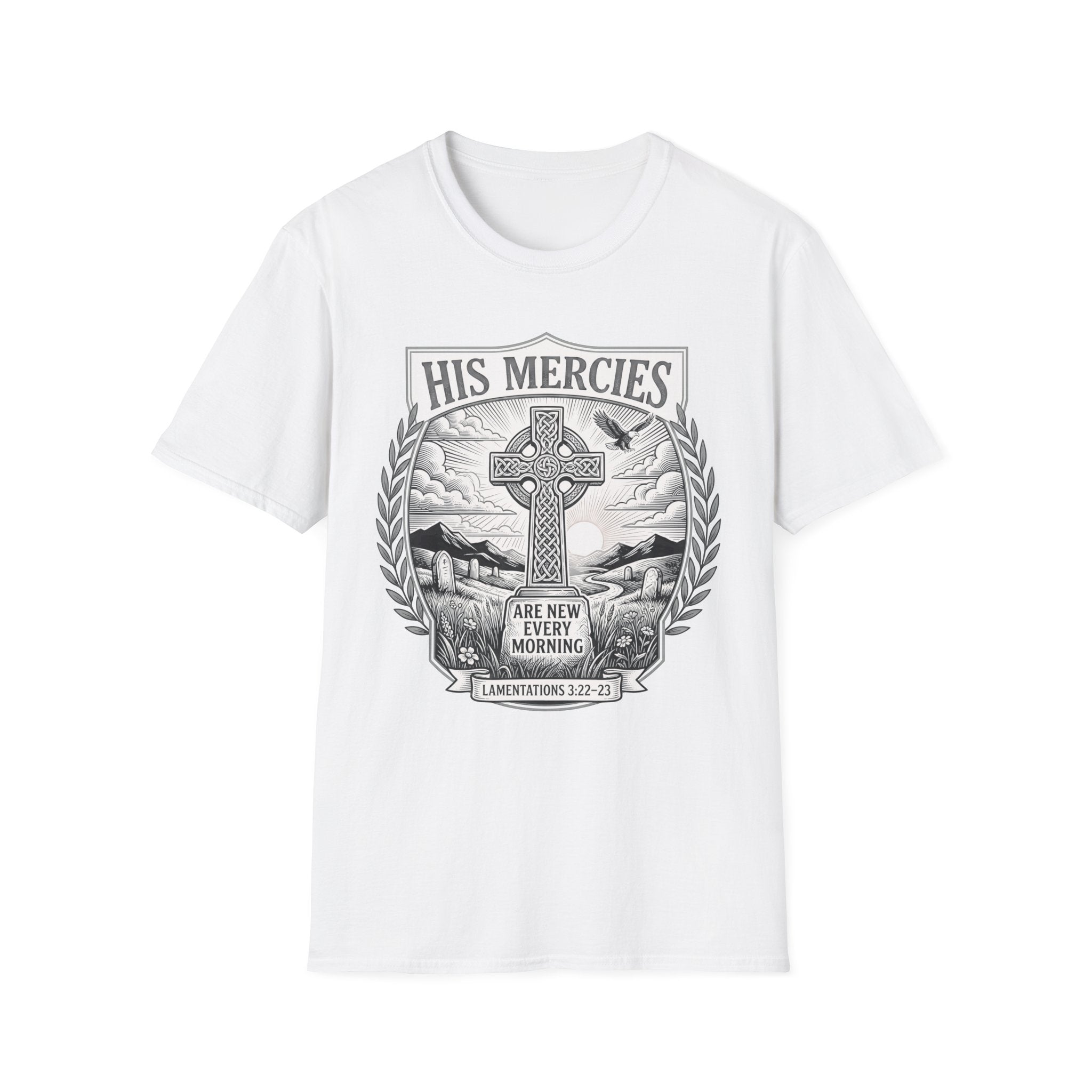 His Mercies T-Shirt — Christian Faith Cross Scripture Tee (Lamentations 3:22-23)
