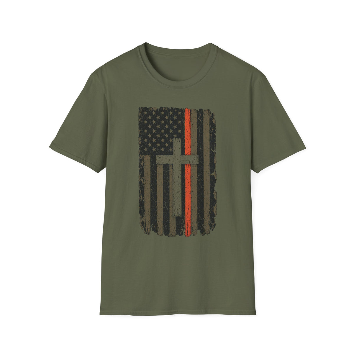 American Flag Cross T‑Shirt — Distressed Thin Orange Line Christian Tee
