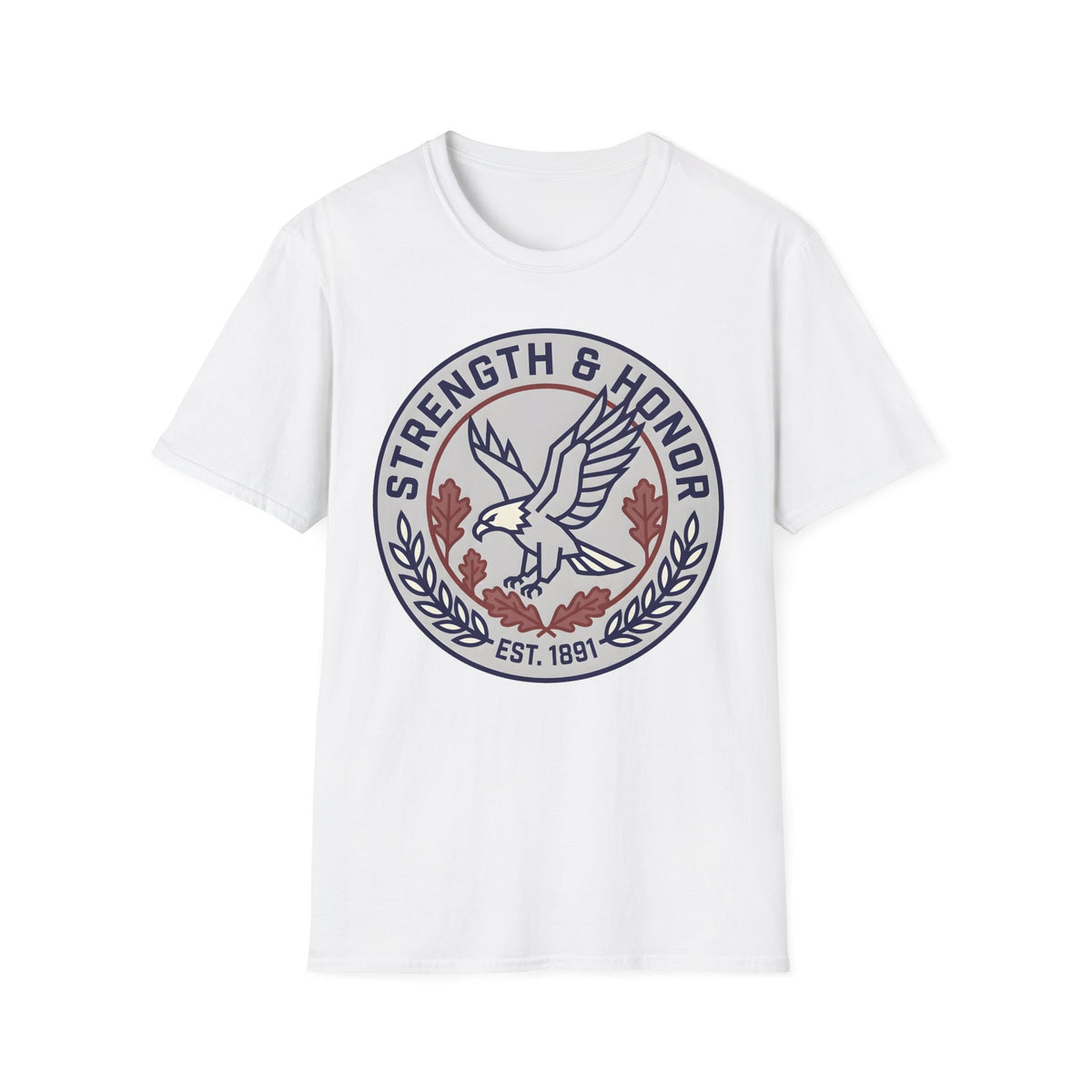 Strength & Honor emblem of a landing eagle with oak leaves and laurel on a White unisex T-Shirt