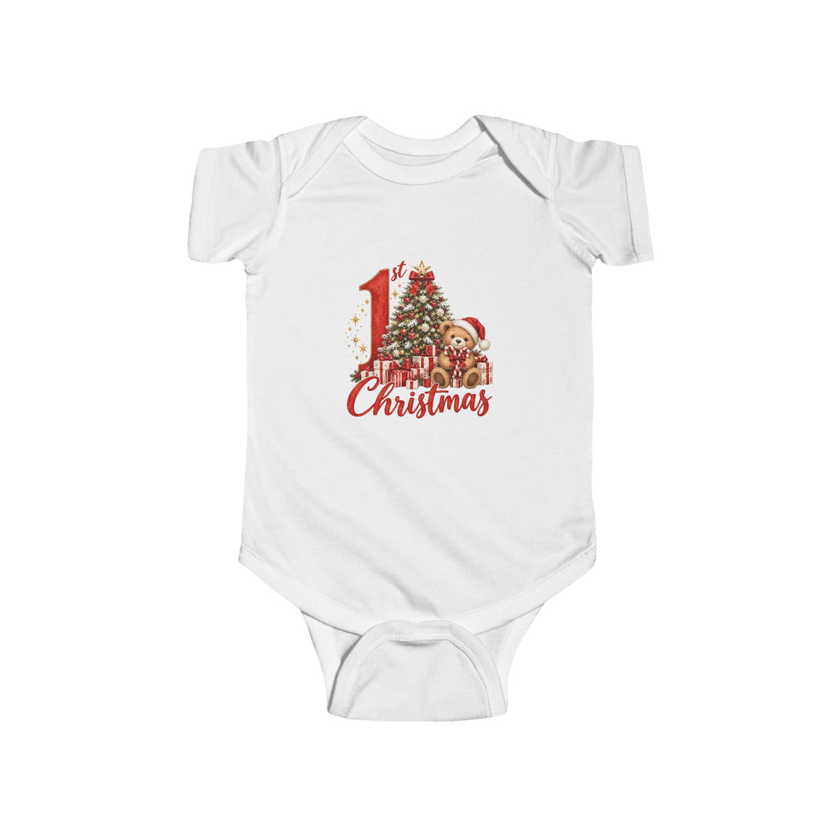 My 1st Christmas teddy bear and Christmas tree design on a White baby bodysuit