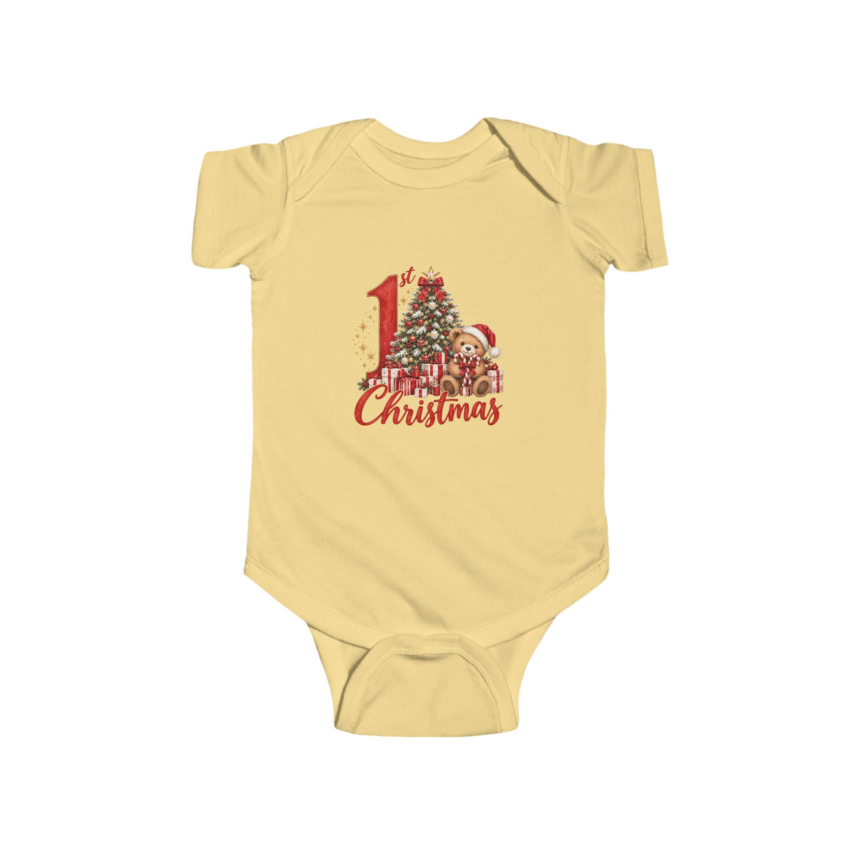 My 1st Christmas teddy bear and Christmas tree design on a Butter baby bodysuit