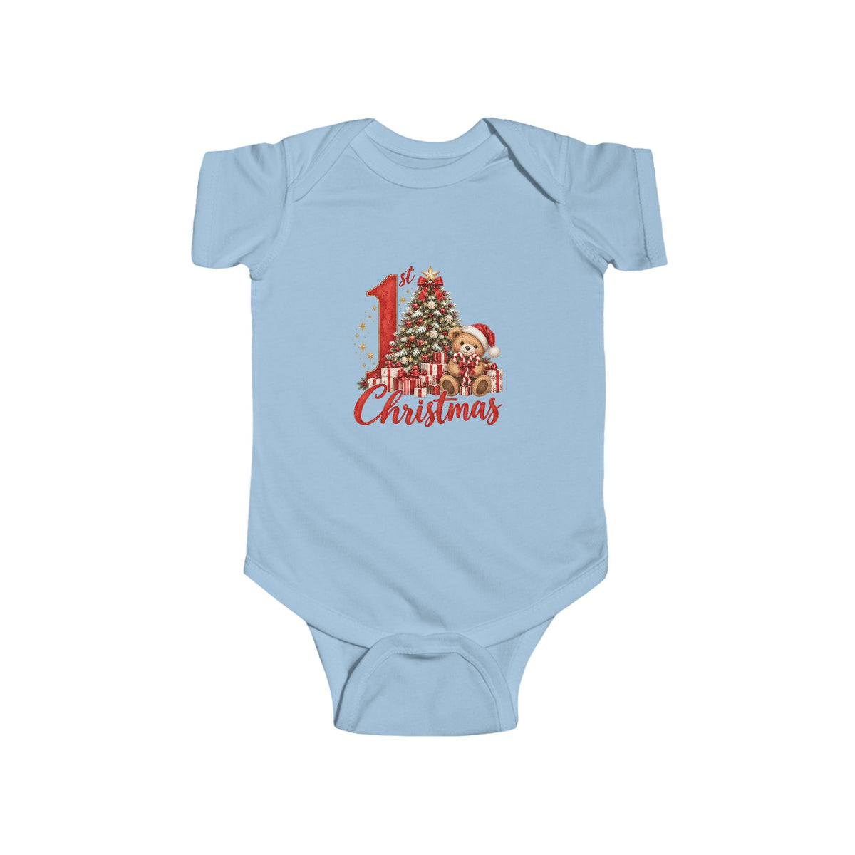 My 1st Christmas teddy bear and Christmas tree design on a Light Blue baby bodysuit