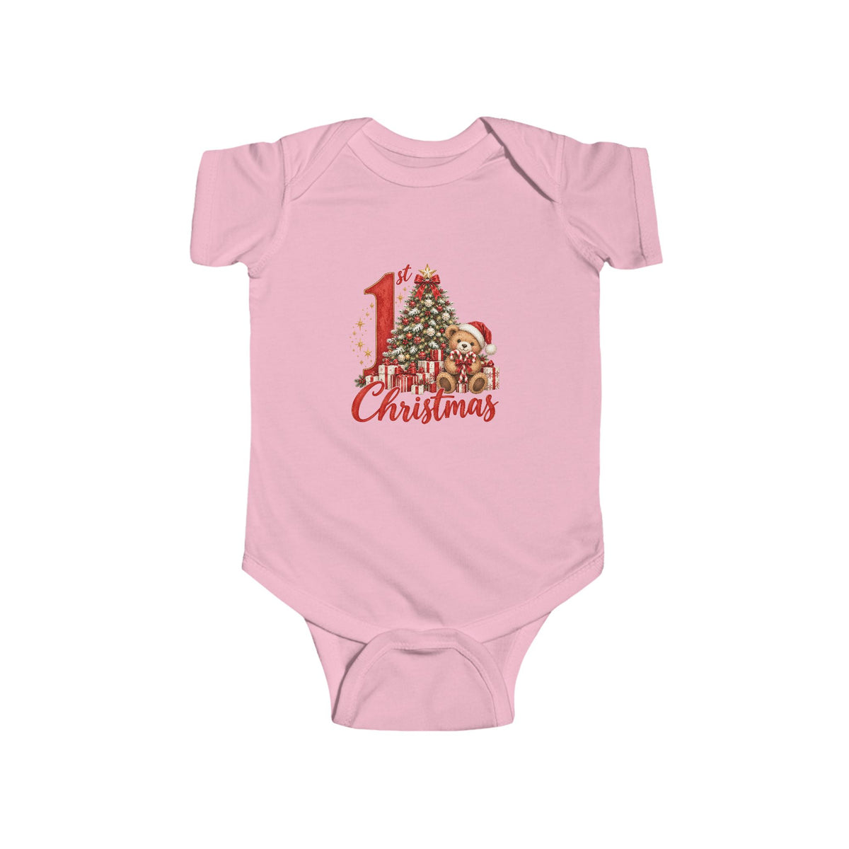 My 1st Christmas teddy bear and Christmas tree design on a Pink baby bodysuit