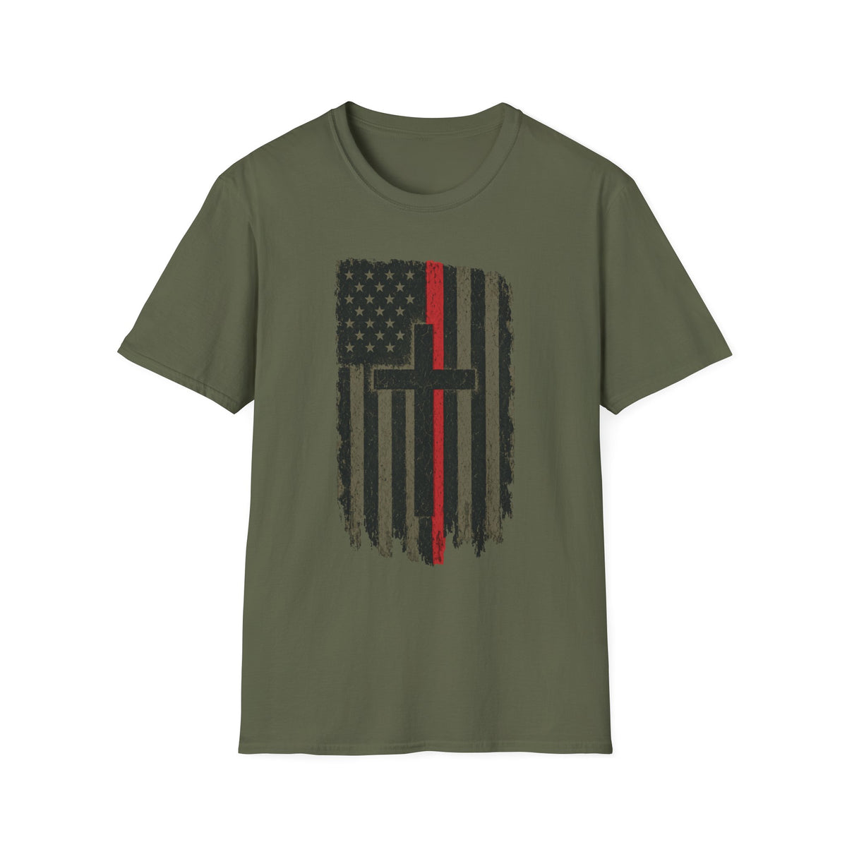 Distressed Thin Red Line American Flag Cross T‑Shirt — Firefighter Tribute Tee
