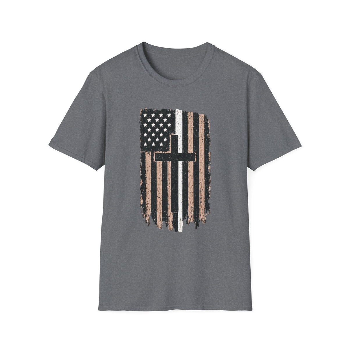 Christian Flag T-Shirt — Distressed American White Line Flag with Cross Graphic