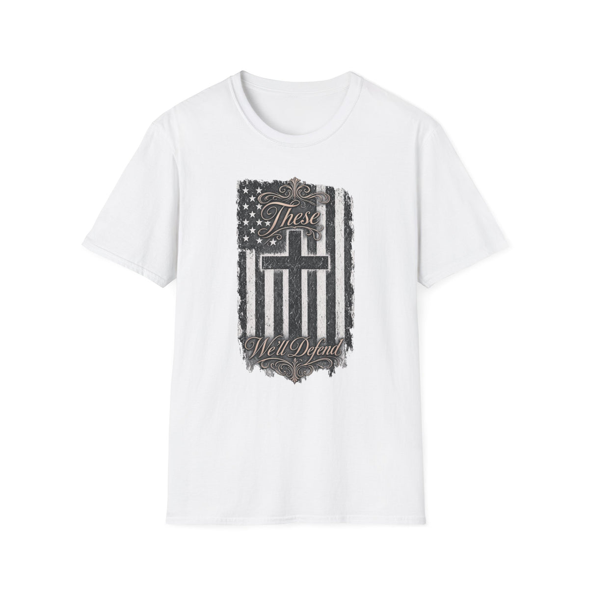 Christian Flag T-Shirt — "These Will Defend" Cross & American Flag Graphic