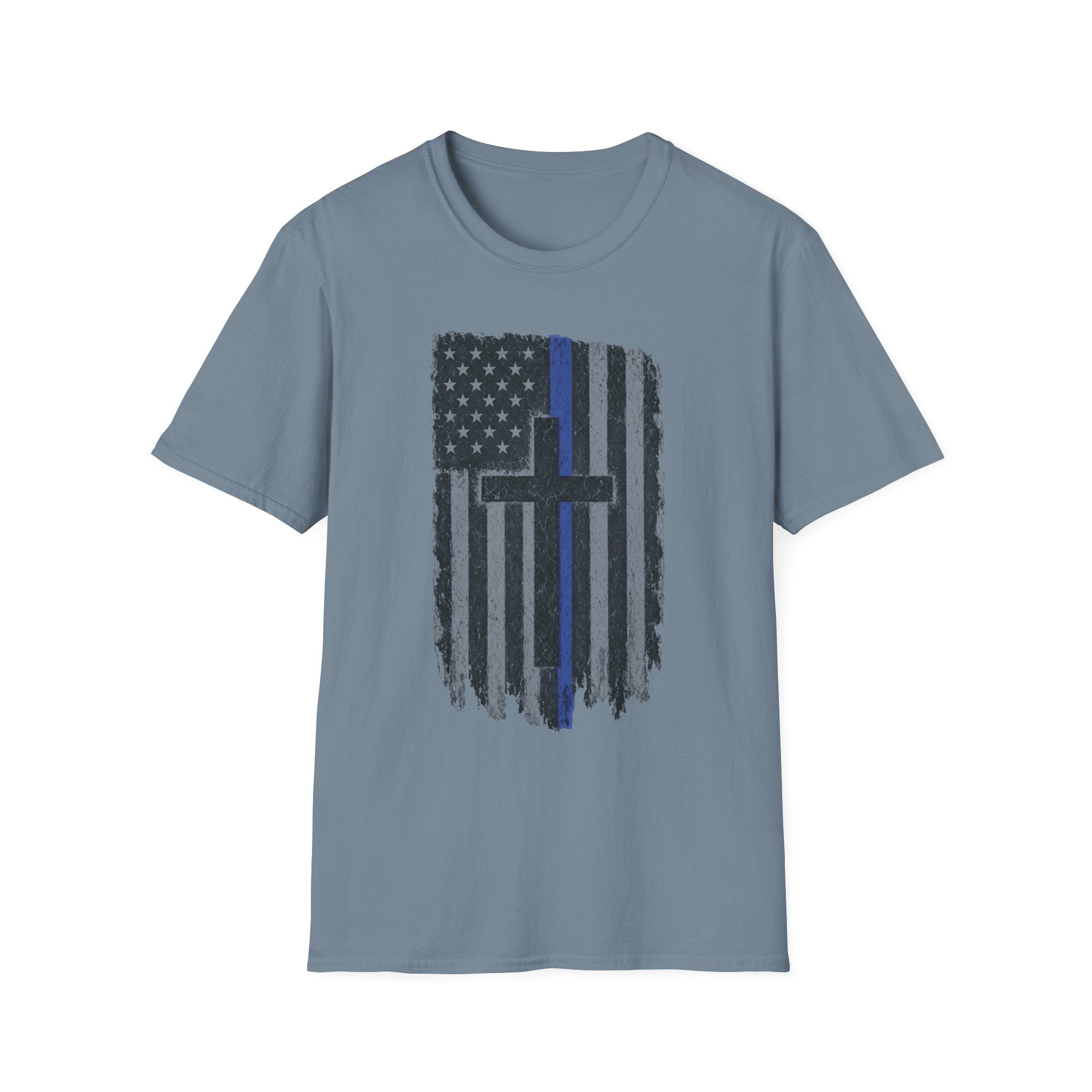Thin Blue Line Flag T-Shirt with Cross — Police Support Christian Tee