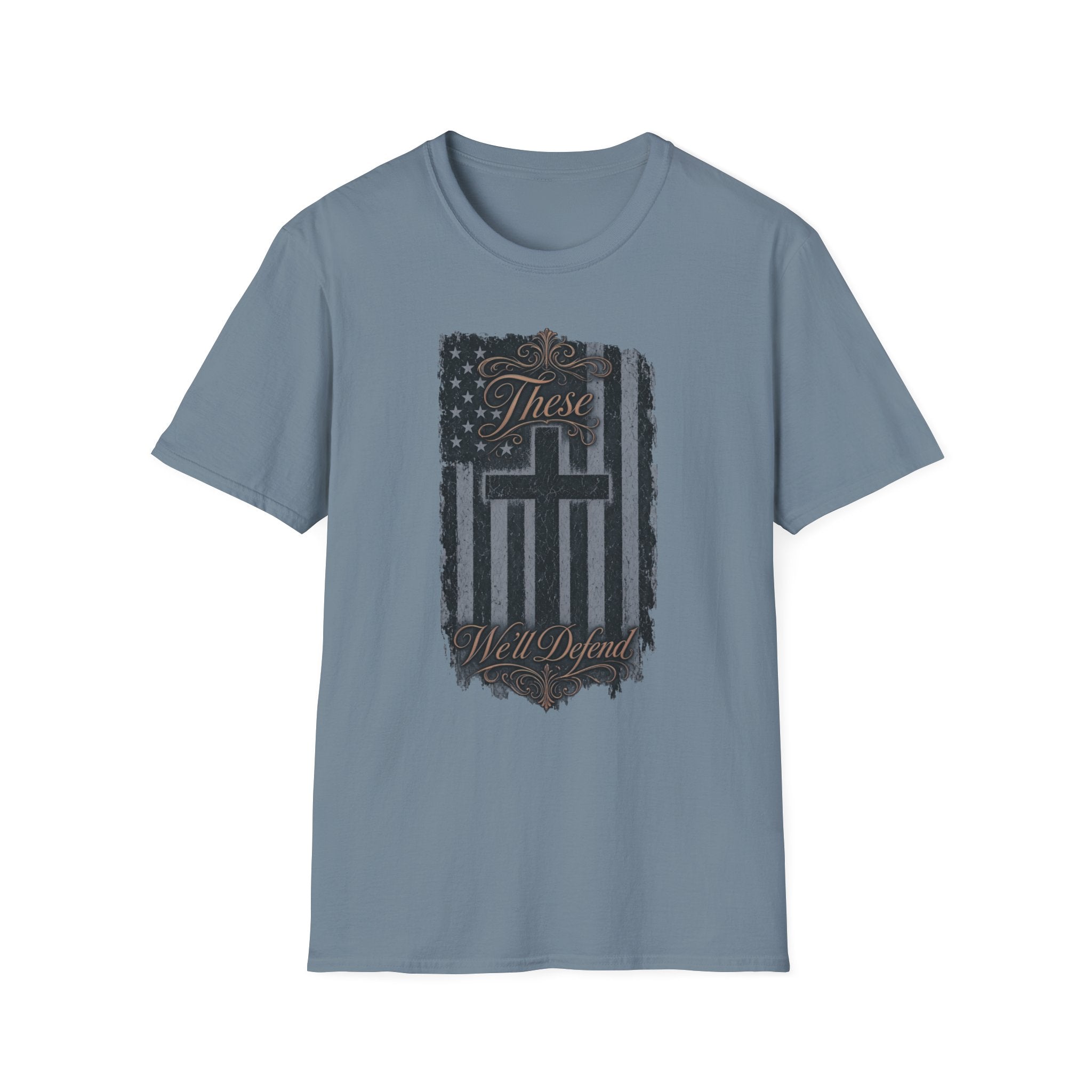 Christian Flag T-Shirt — "These Will Defend" Cross & American Flag Graphic