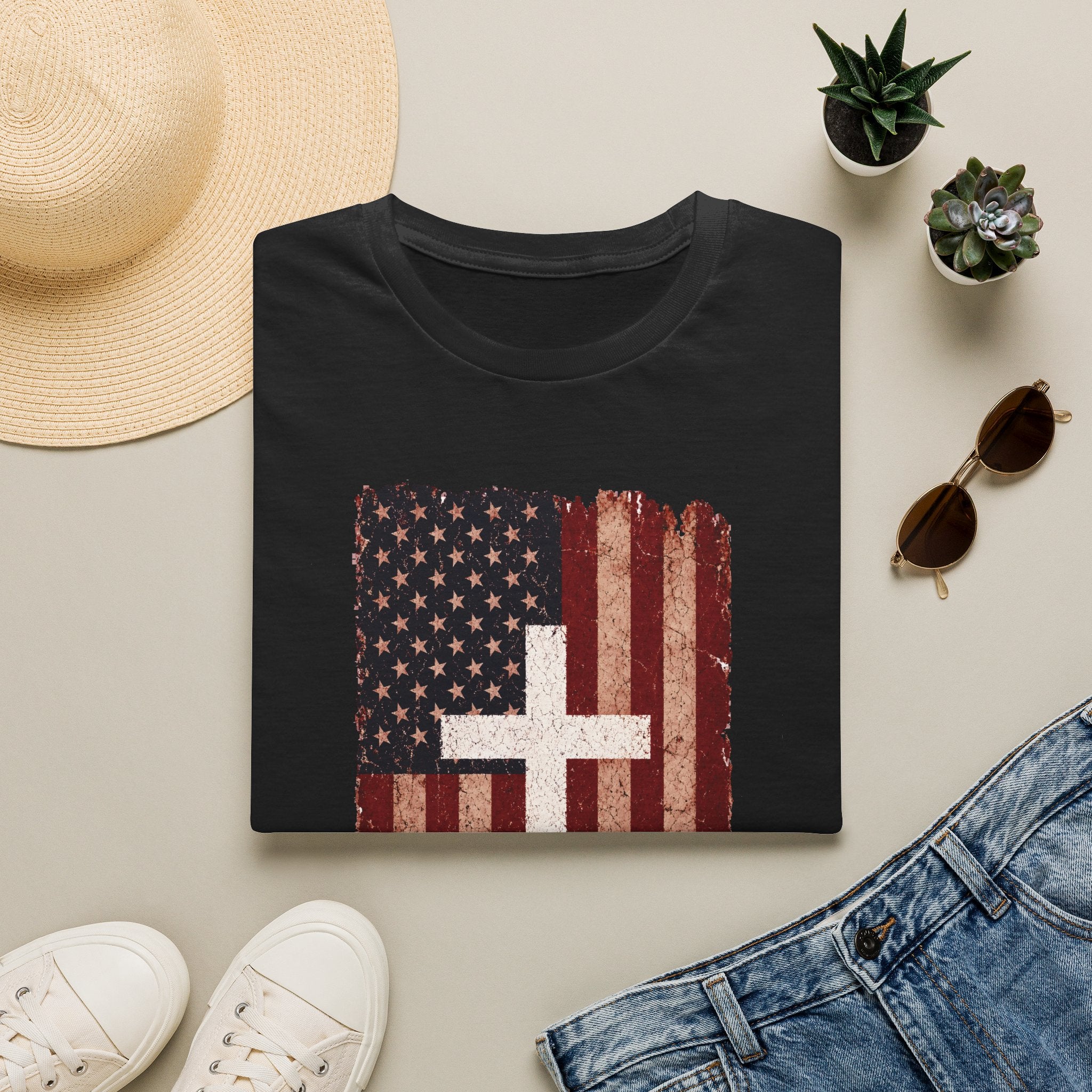 American Flag Cross T-Shirt — Vintage Christian Patriotic Tee