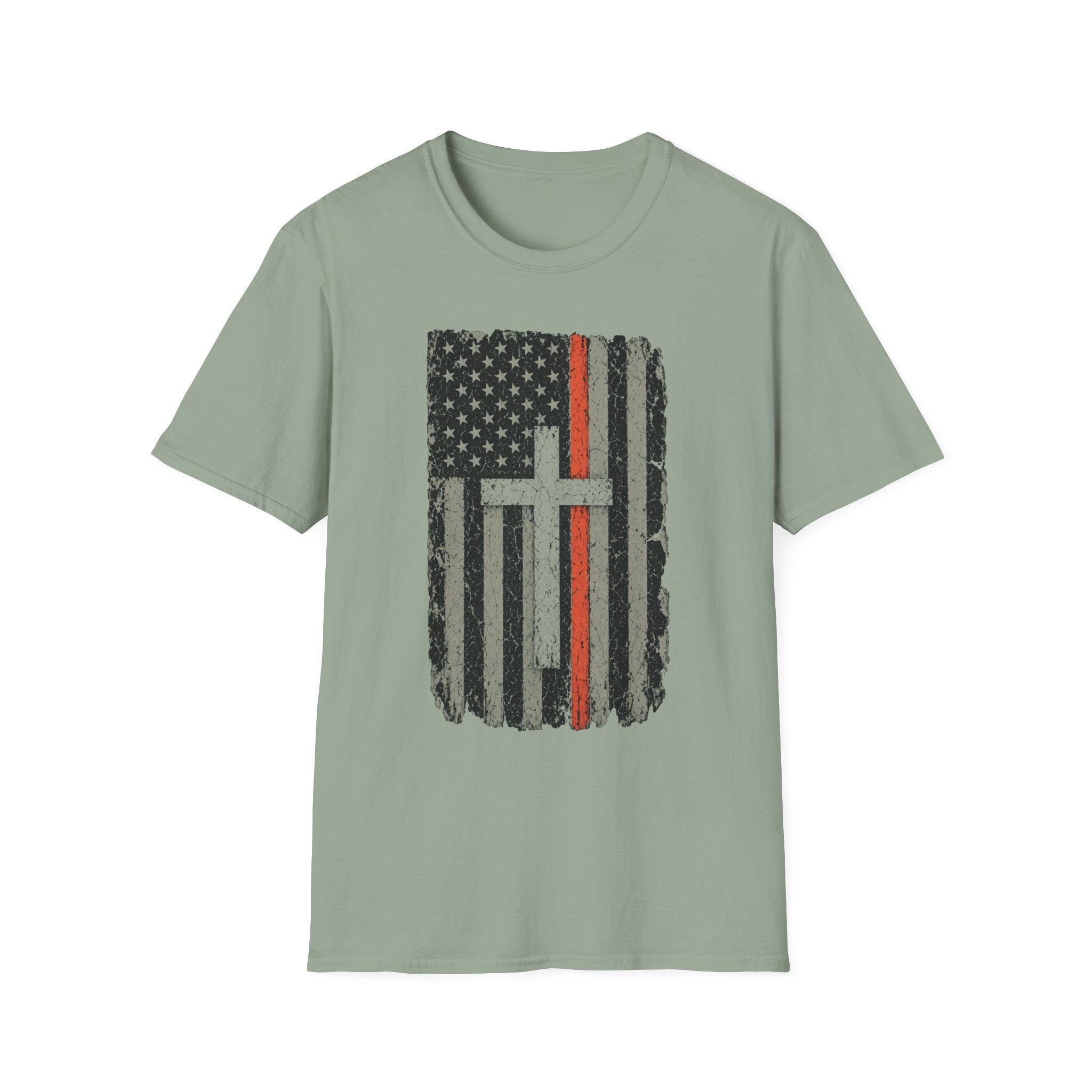 American Flag Cross T‑Shirt — Distressed Thin Orange Line Christian Tee